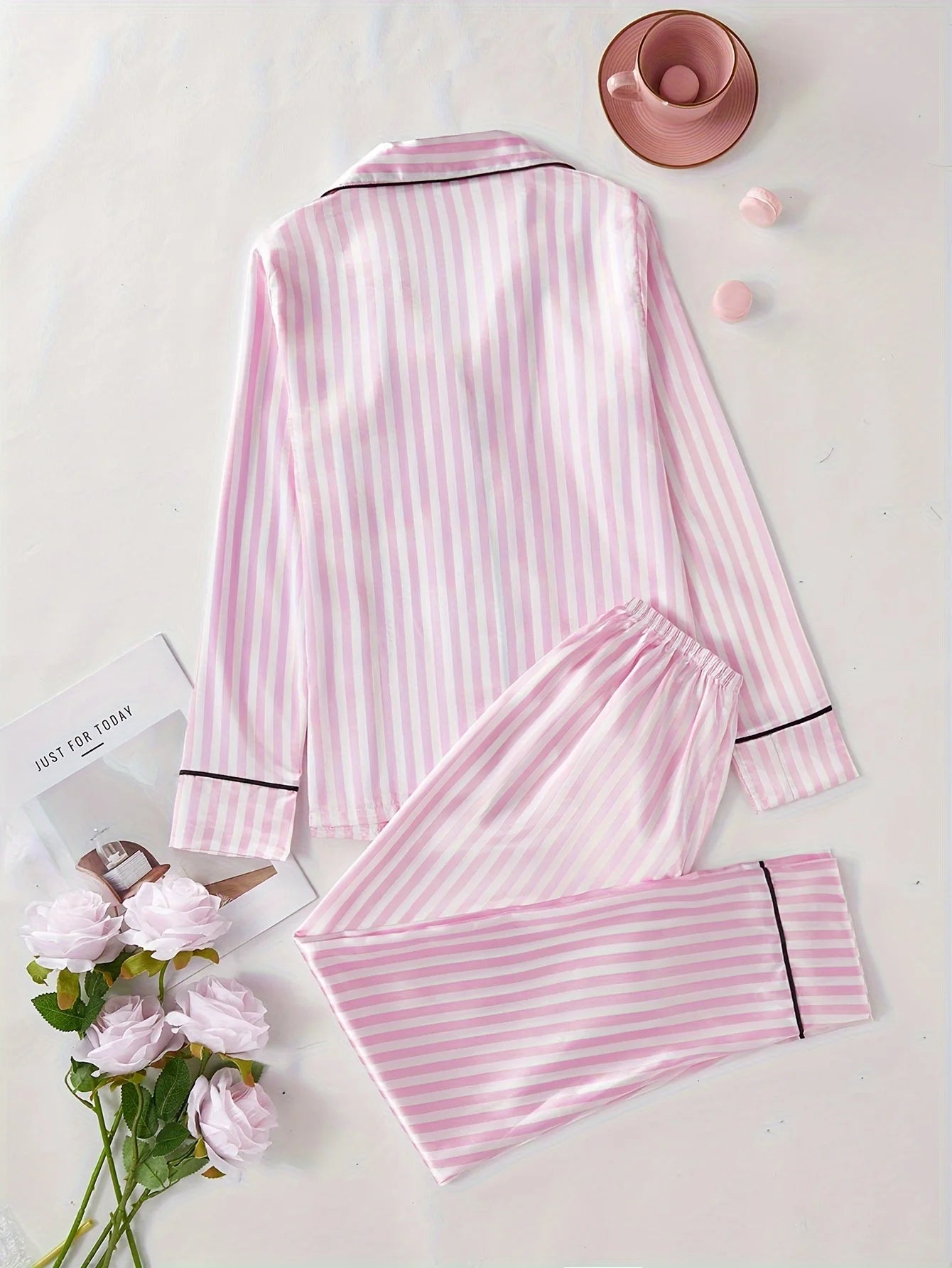 Women's Striped Button Pajama Set Long