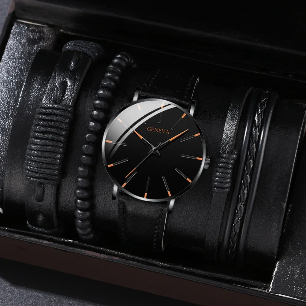Men's Luxury Black Leather Watch & Bracelet Gift Set