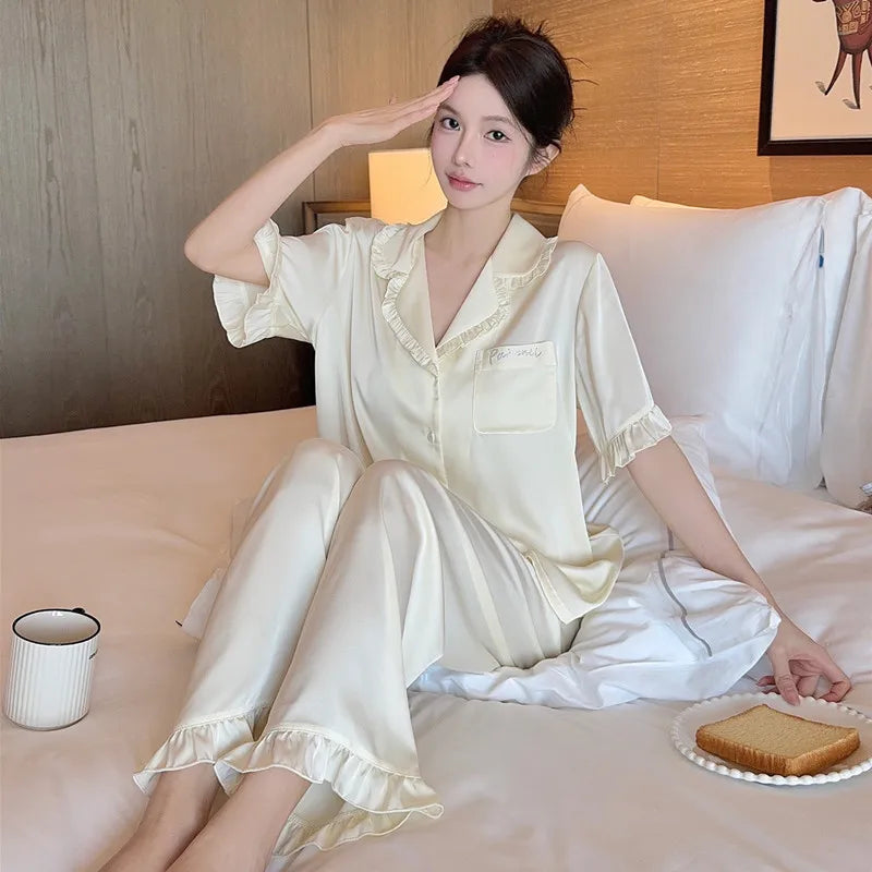 Women's Satin Ruffle Lapel Pajama Set