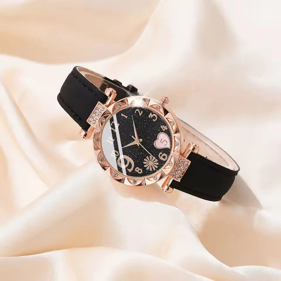Women's Leather Quartz Watch & Bracelet Set (6pcs)