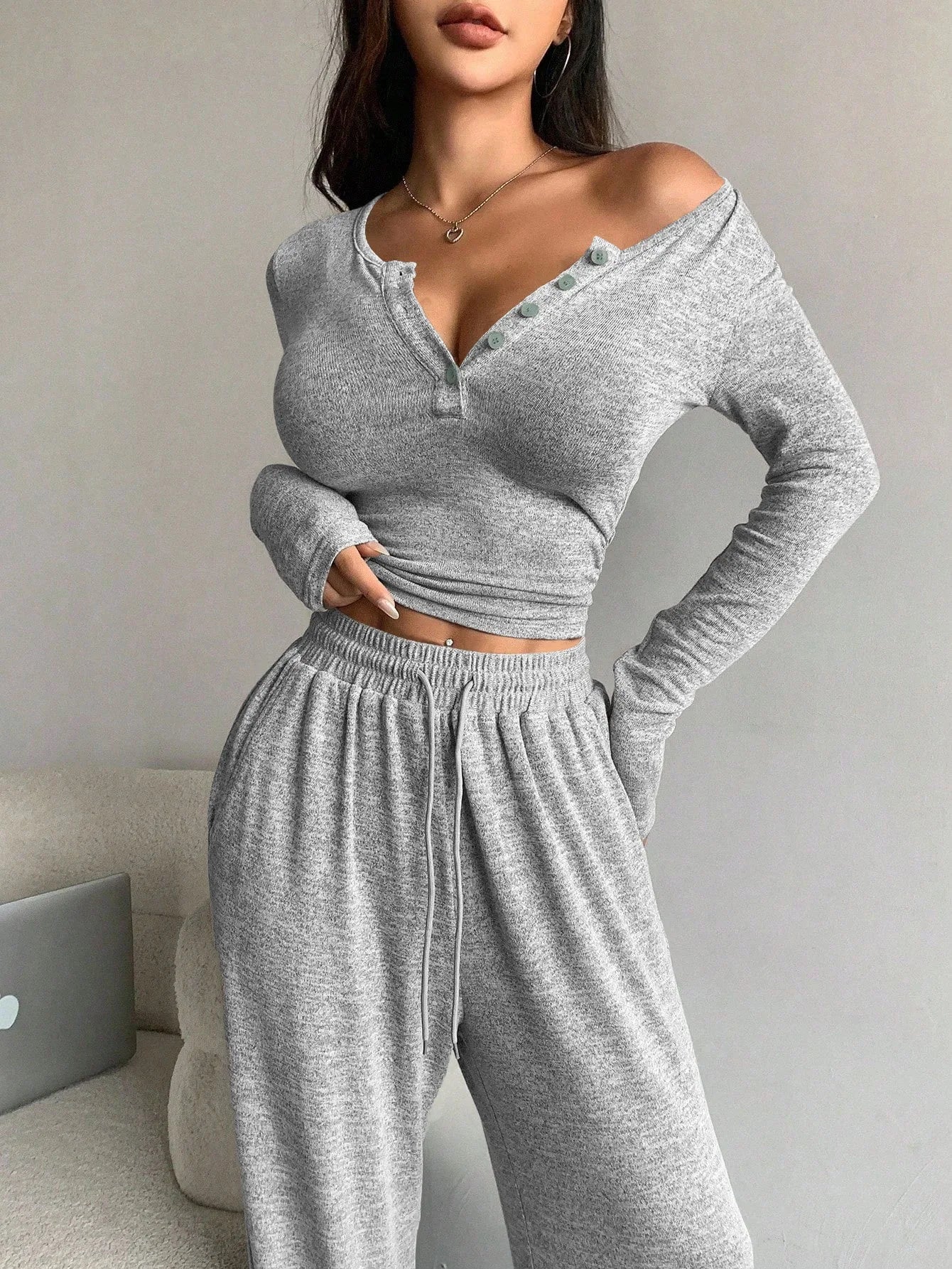 Women's V-Neck Button Drawstring Pajama Set
