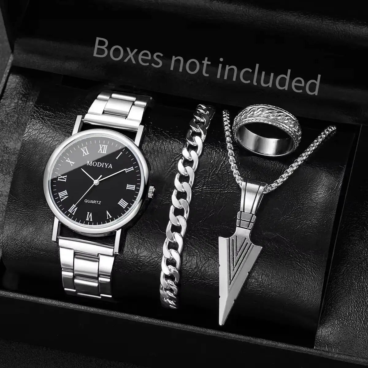 Men's Roman Dial Watch & Jewelry Set (4pcs)