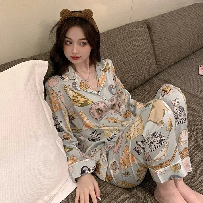 Women's Silk Print Cardigan Pajama Set