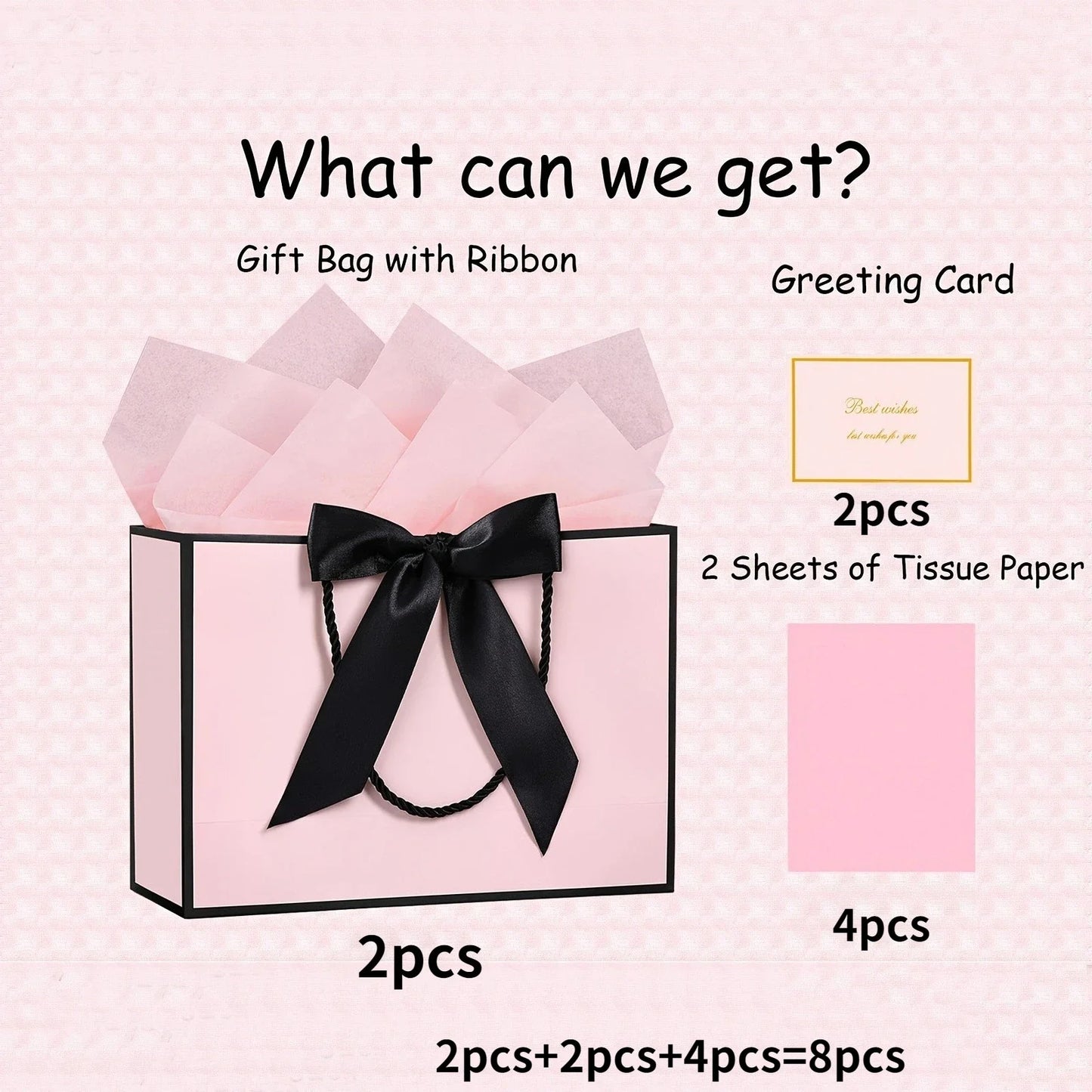 Large Gift Bag Bow Ribbon Greeting Card 8 Pcs