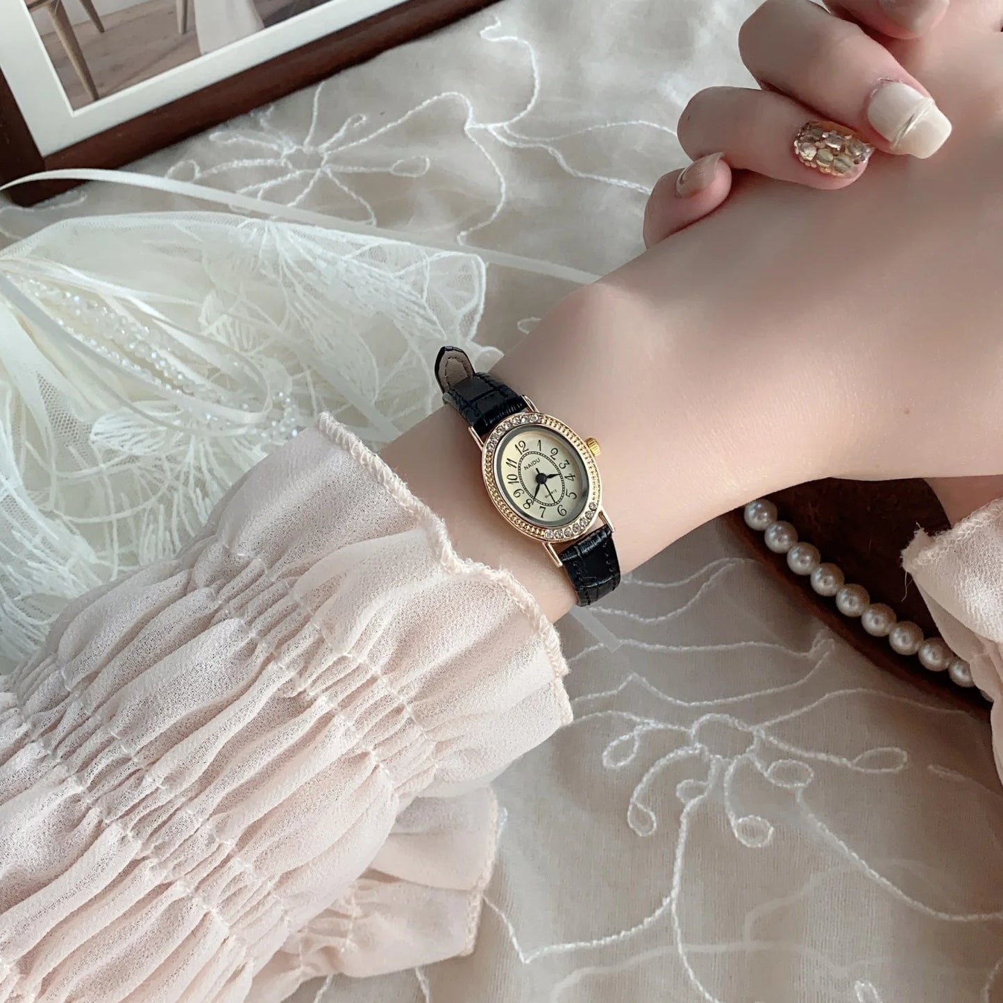 Oval Dial Leather Strap Watch