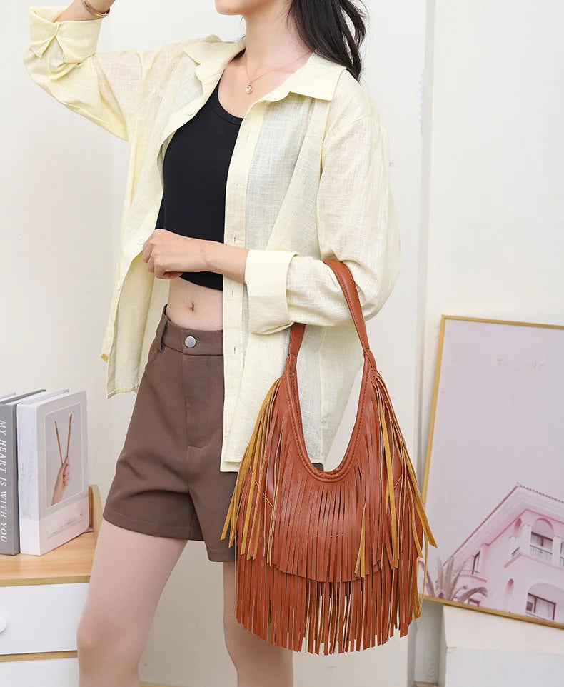 Tassel PU Leather Hobo Bag