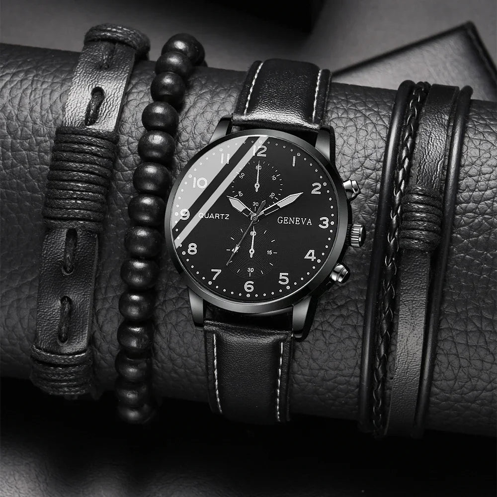 Men's Luxury Black Leather Watch & Bracelet Gift Set