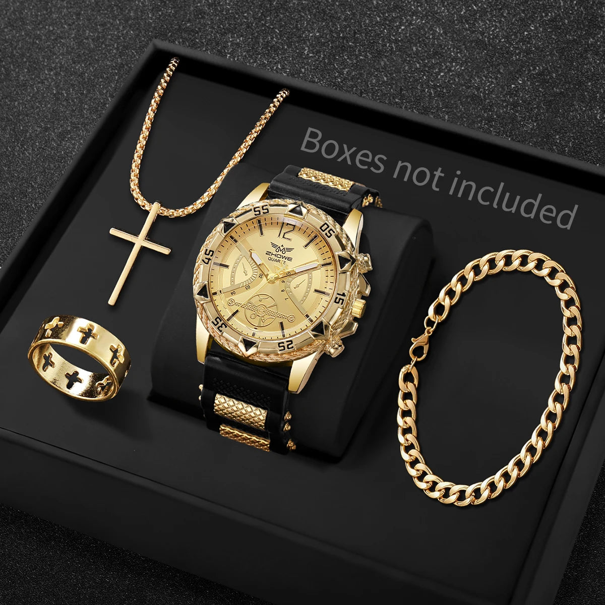 Men's Arabic Dial Quartz Watch Set with Necklace (4pcs)