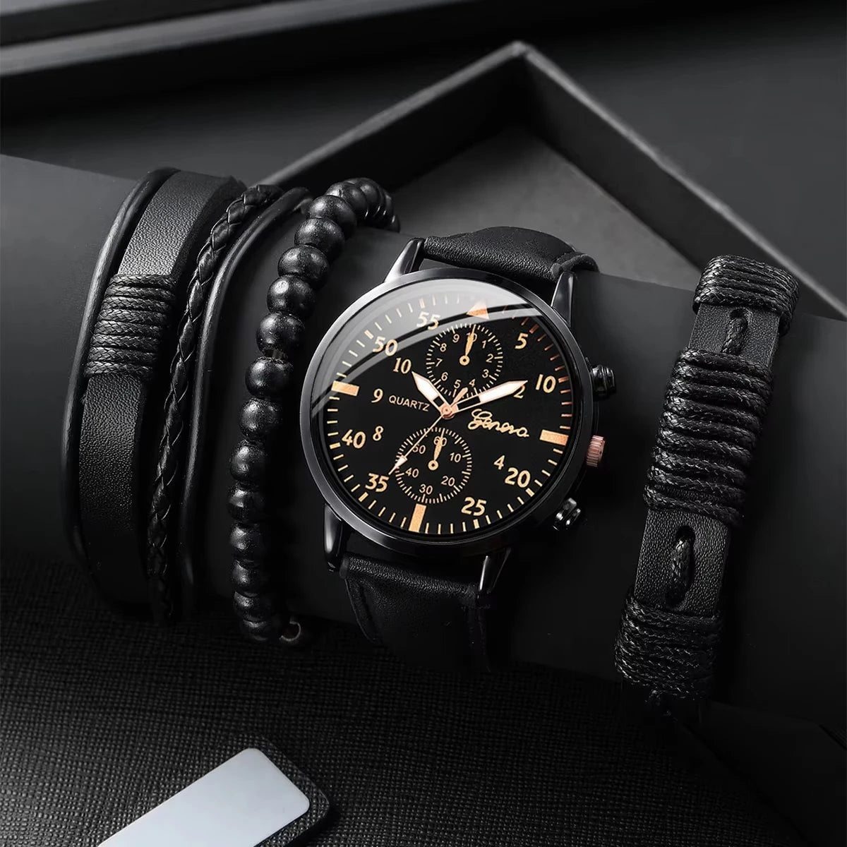 Men's Leather Watch & Woven Bracelet Set (4pcs)