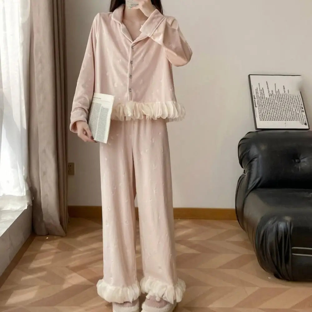 Women's Velvet Bow Long Sleeve Pajama Set