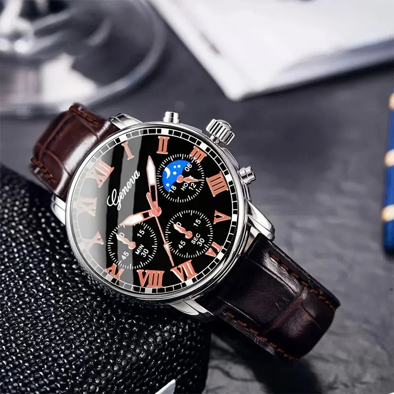 Men's PU Leather Quartz Watch & Bracelet Set