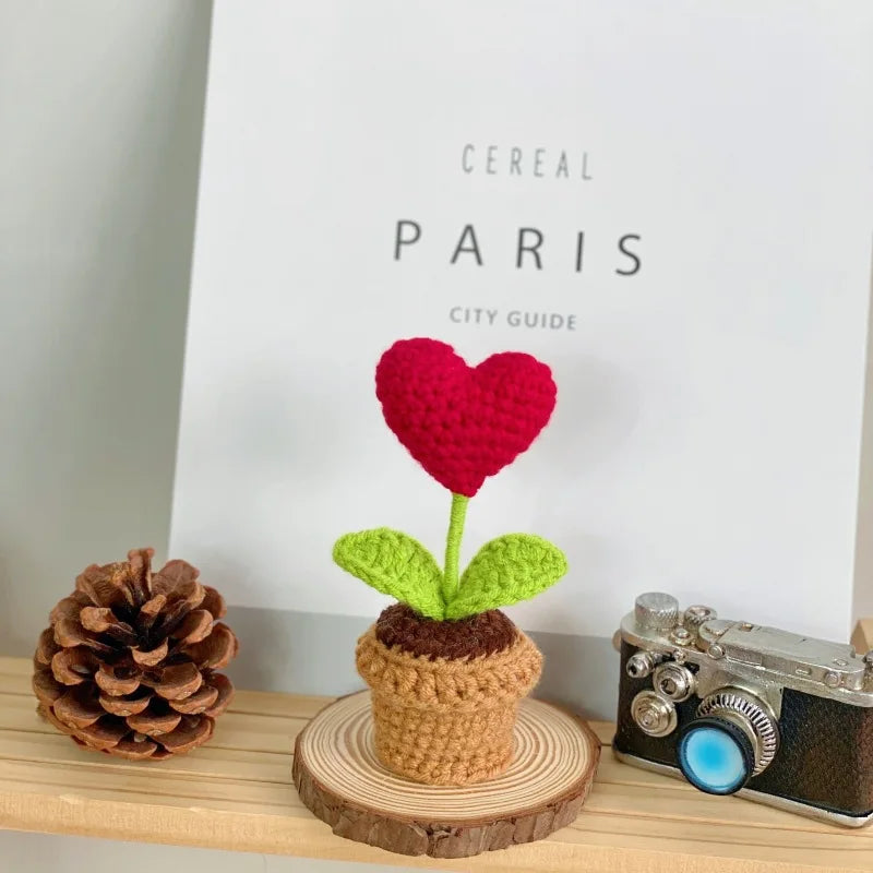 Knitted Flower Pot Red Heart Home Decor Gift