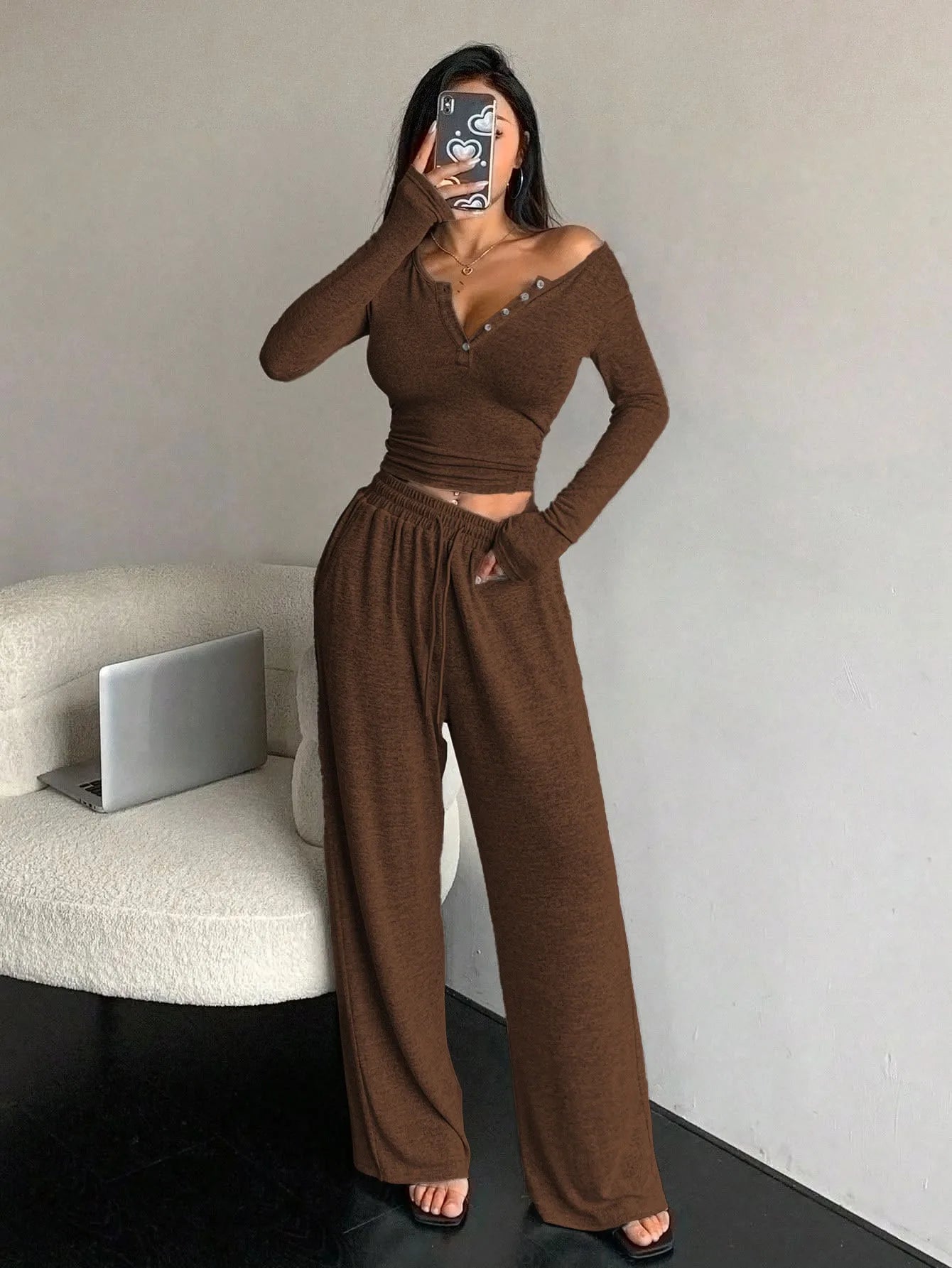 Women's V-Neck Button Drawstring Pajama Set