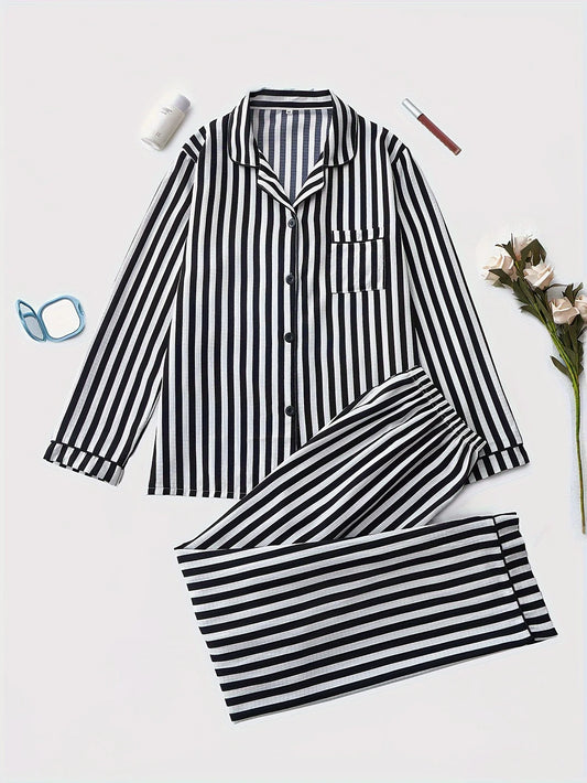 Women's Striped Lapel Pajama Set