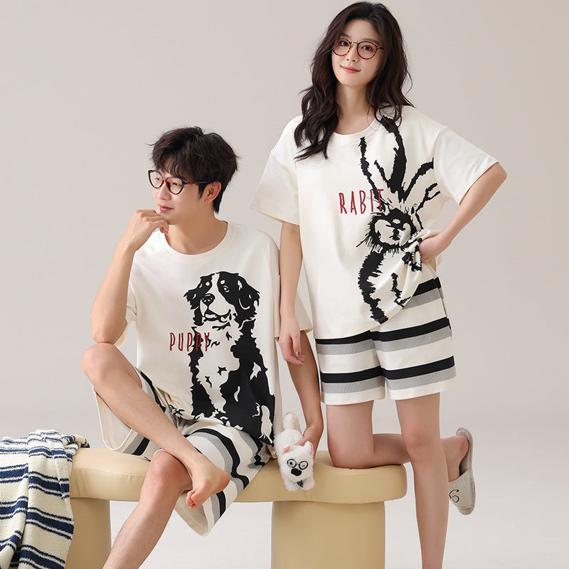 Matching couple wear t-shirts in white and navy for casual outings