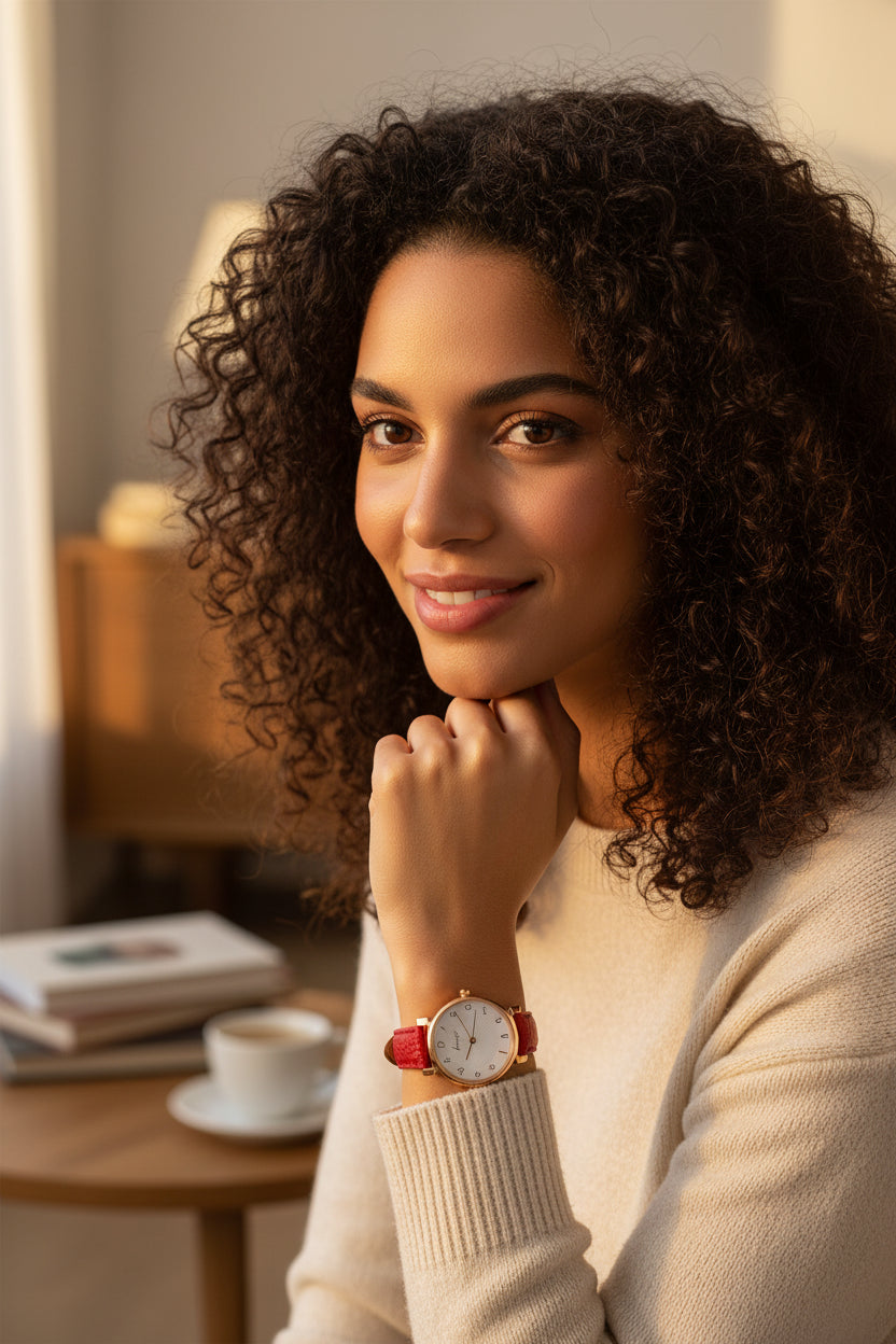 Women's Red Leather Gold Quartz Watch